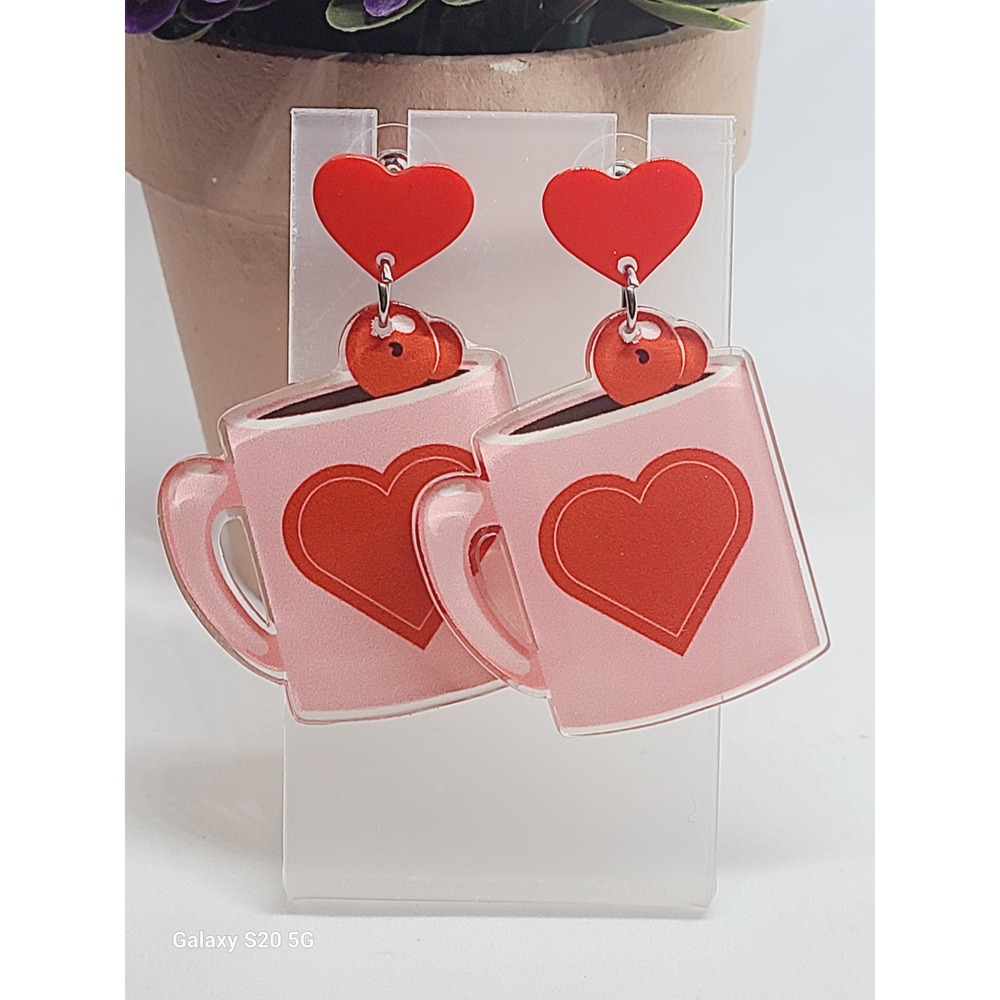 Source‎ Unknown Cute Pink Coffee Mug Heart Dangle Earrings Valentine's Day Gift